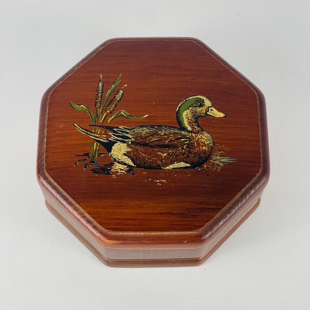 Vintage Wood Octagon Mallard Duck Trinket Box